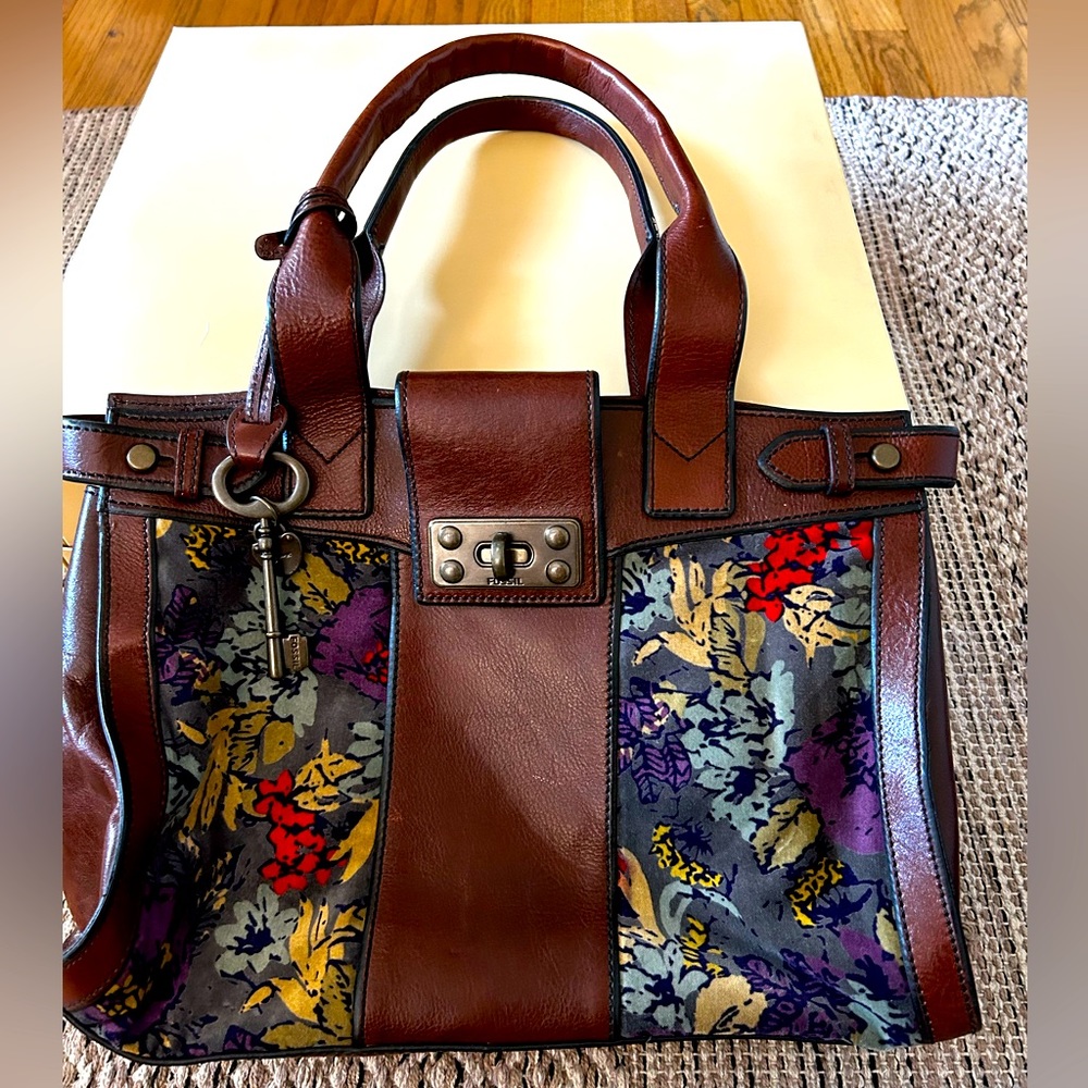 Vintage Fossil Reissue Leather & Velvet Shoulder Bag